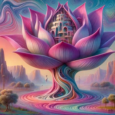 The primary subject of the image is a large, colorful flower with a house inside it. The flower is pink and purple, and it is situated in a water-filled environment. The setting includes a waterfall and a mountain in the background. The visual style of the image is digital art, with a vibrant and whimsical atmosphere.